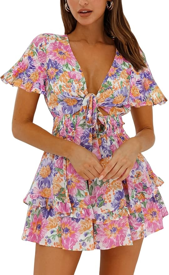 AIMCOO Women's Long Puff Sleeves Knot Front Short Dress Smocked Waist Solid Ruffle Mini Dresses V... | Amazon (US)