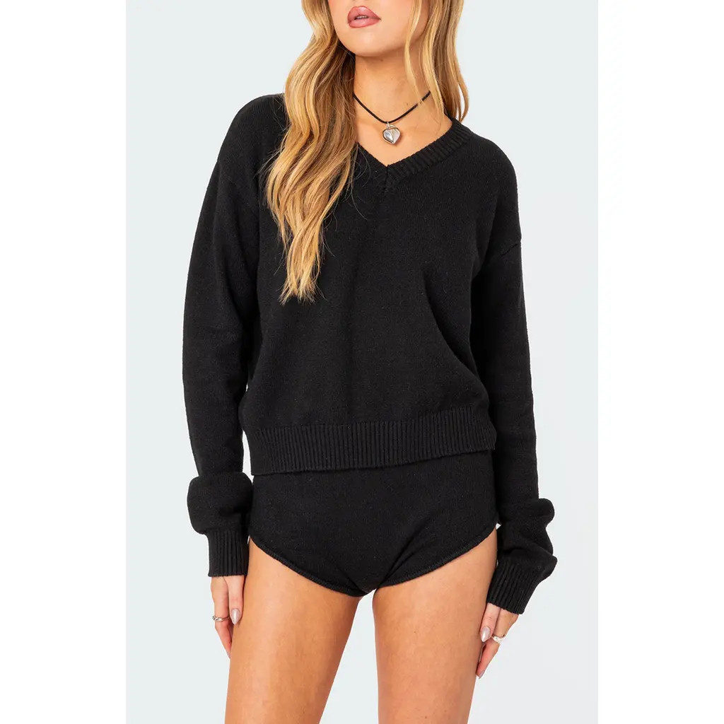 EDIKTED Comfort Club Oversize Crop Sweater in Black at Nordstrom, Size X-Small | Nordstrom
