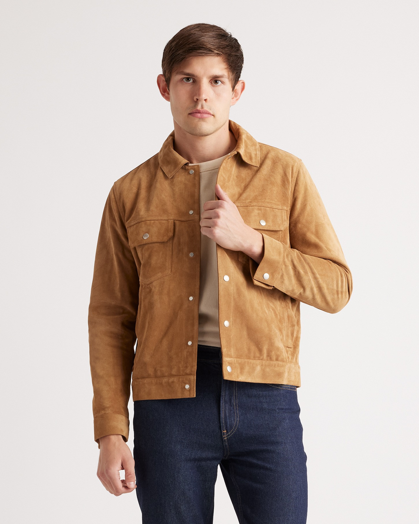Quince | Men's Italian Suede Trucker Jacket in Cognac, Size XL, Suede Leather | Quince