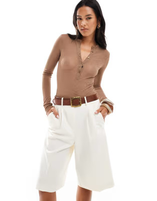 ASOS DESIGN sheer rib bodysuit with henley collar in mocha | ASOS (Global)