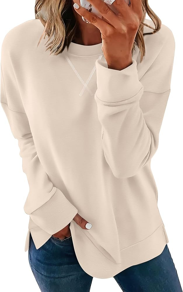 Saloogoe Womens Casual Loose Fit Sweatshirt Trendy Tops Crewneck Side Split Long Sleeve Shirts | Amazon (US)