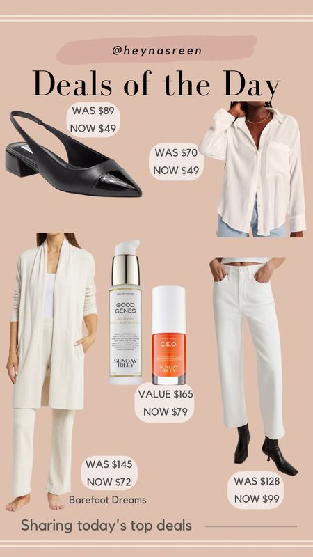 Daily deals on Steve Madden flats, Abercrombie top, Madewell white jeans, Barefoot Dreams cardigan, Sunday Riley duo 

#LTKsalealert