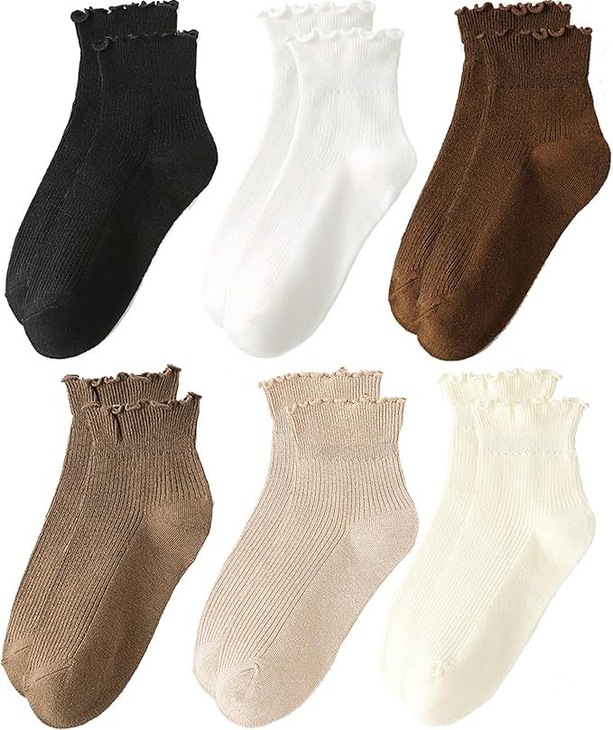 Ruffle Socks Women White Ankle Socks Woman Girls Cute Cotton White Frilly Sock Size 9-11, 6 Pairs | Amazon (US)