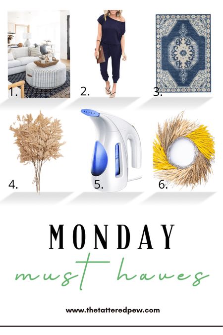 Monday Must Haves, ottoman, jumpsuit, blue rug, preserved ferns, travel steamer, wheat wreaths, fall wreaths, Labor Day Sales

#LTKsalealert #LTKSale #LTKSeasonal