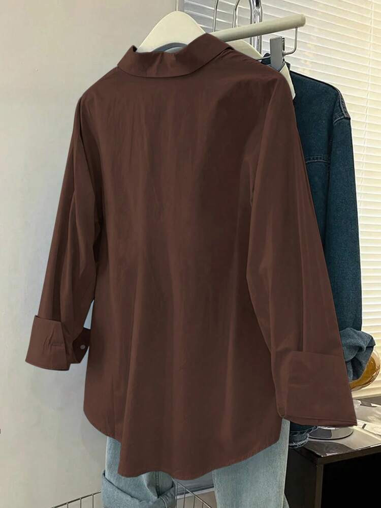 INAWLY Women's Casual Solid Color Button-Up Long Sleeve Shirt, Suitable For Commuting | SHEIN