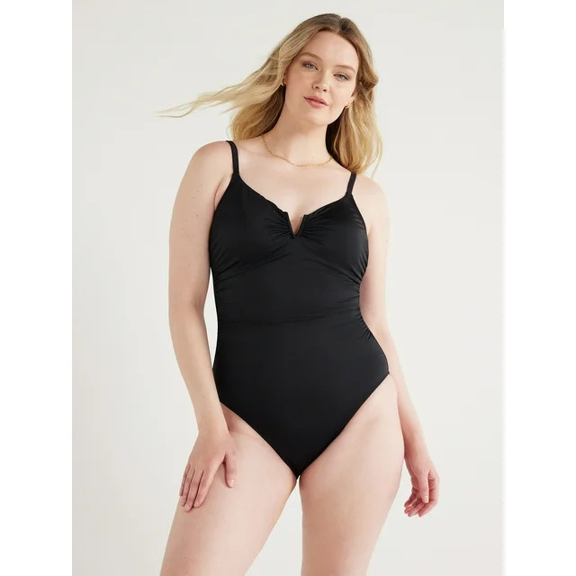 Time and Tru Women's and Plus V-Neck V-Wire Front One-Piece Swimsuit, Sizes XS - 3X | Walmart (US)