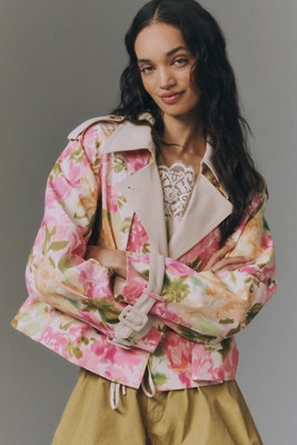Maeve Retro Floral Cropped Trench Coat | Anthropologie (US)