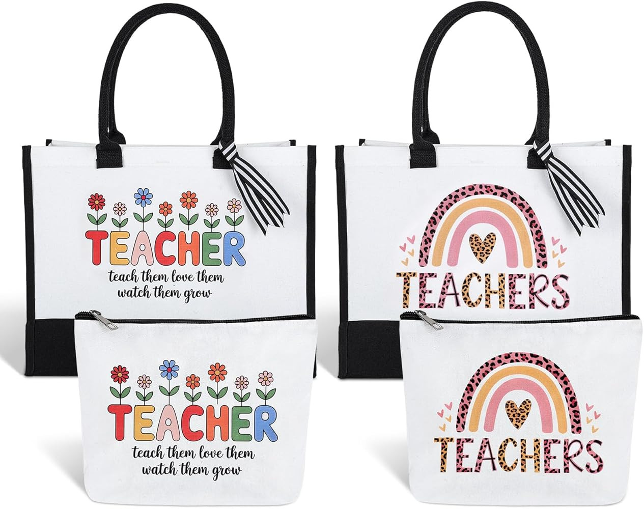 Cumule 4 Pcs Teacher Appreciation Gifts Bulk for Women Thank You Canvas Tote Bags Teacher Makeup ... | Amazon (US)