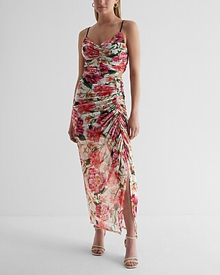 Floral Mesh V-Neck Side Cutout Ruched Maxi Dress | Express
