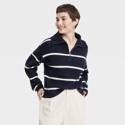Women's Quarter Zip Collared Pullover Sweater - Universal Thread™ Navy Blue/Cream Striped M | Target