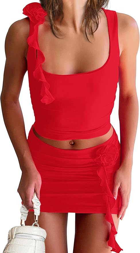 Meladyan Women's 2 Piece Outfits Rosette Flower Crop Tank Top And Bodycon High Waist Mini Skirt S... | Amazon (US)