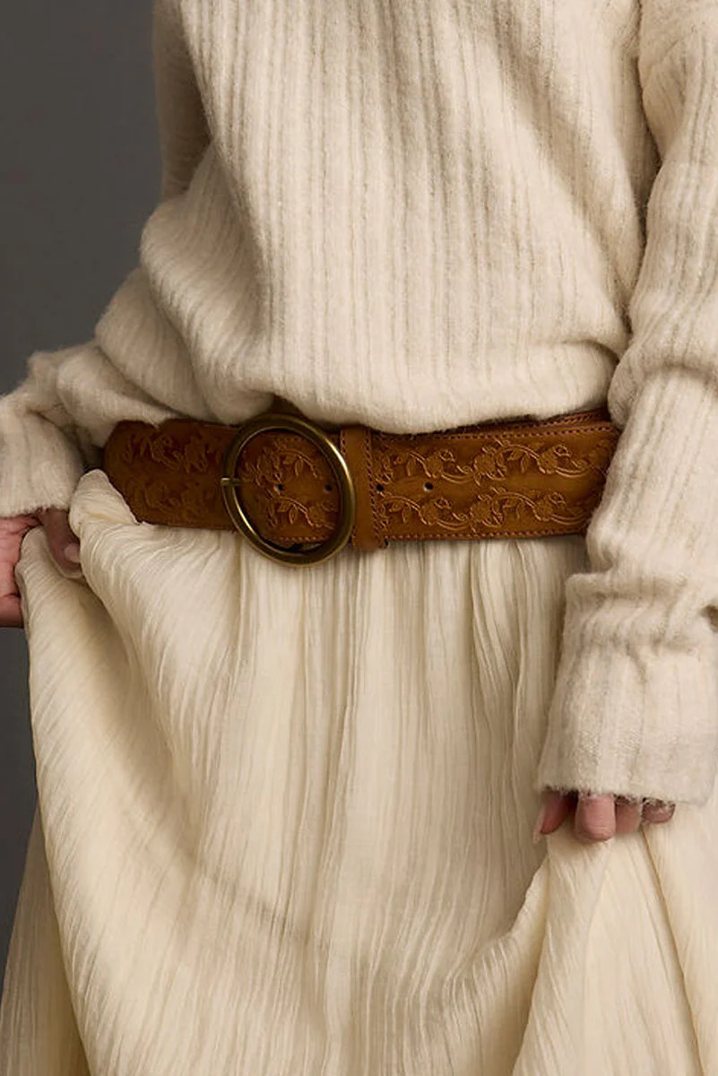 Abbott Light Brown Floral Embossed Belt | 12th Tribe