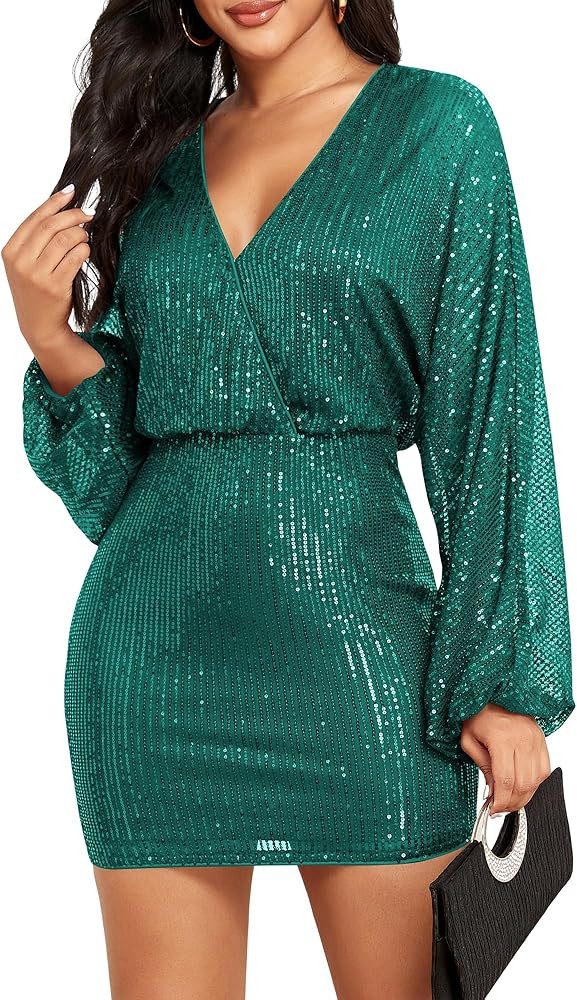 ZAFUL Women's Sequin Saprkly Mini Dress Long Sleeve Homecoming V Neck Bodycon Dress Party Prom Co... | Amazon (US)