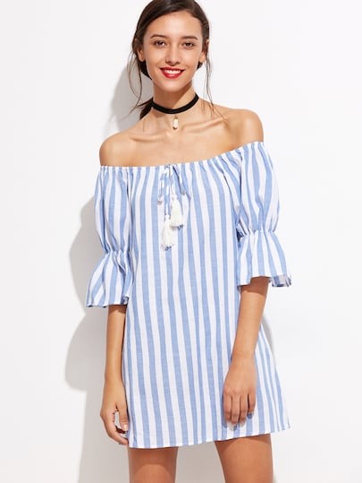 A strisce blu della nappa Tie Off The Dress spalla | SHEIN