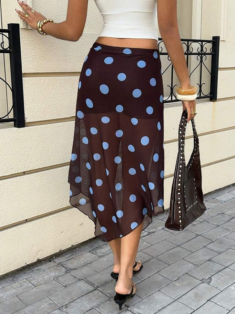 Siren Gaze Women's Elastic Waist Brown Polka Dot Summer 2000s Vacation Skirt,Asymmetric Hem Mesh Elegant Boho Cute Dainty Girly Party Graduation Skirts | SHEIN