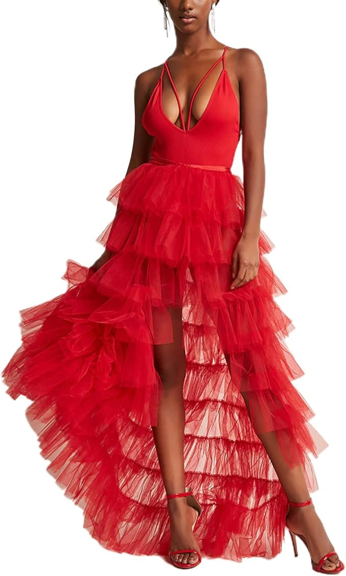 Women Y2k High Low Tulle Skirt Self-Tied Mesh Ruffle Layered See-Through Floor-Length Cocktail Pr... | Amazon (US)