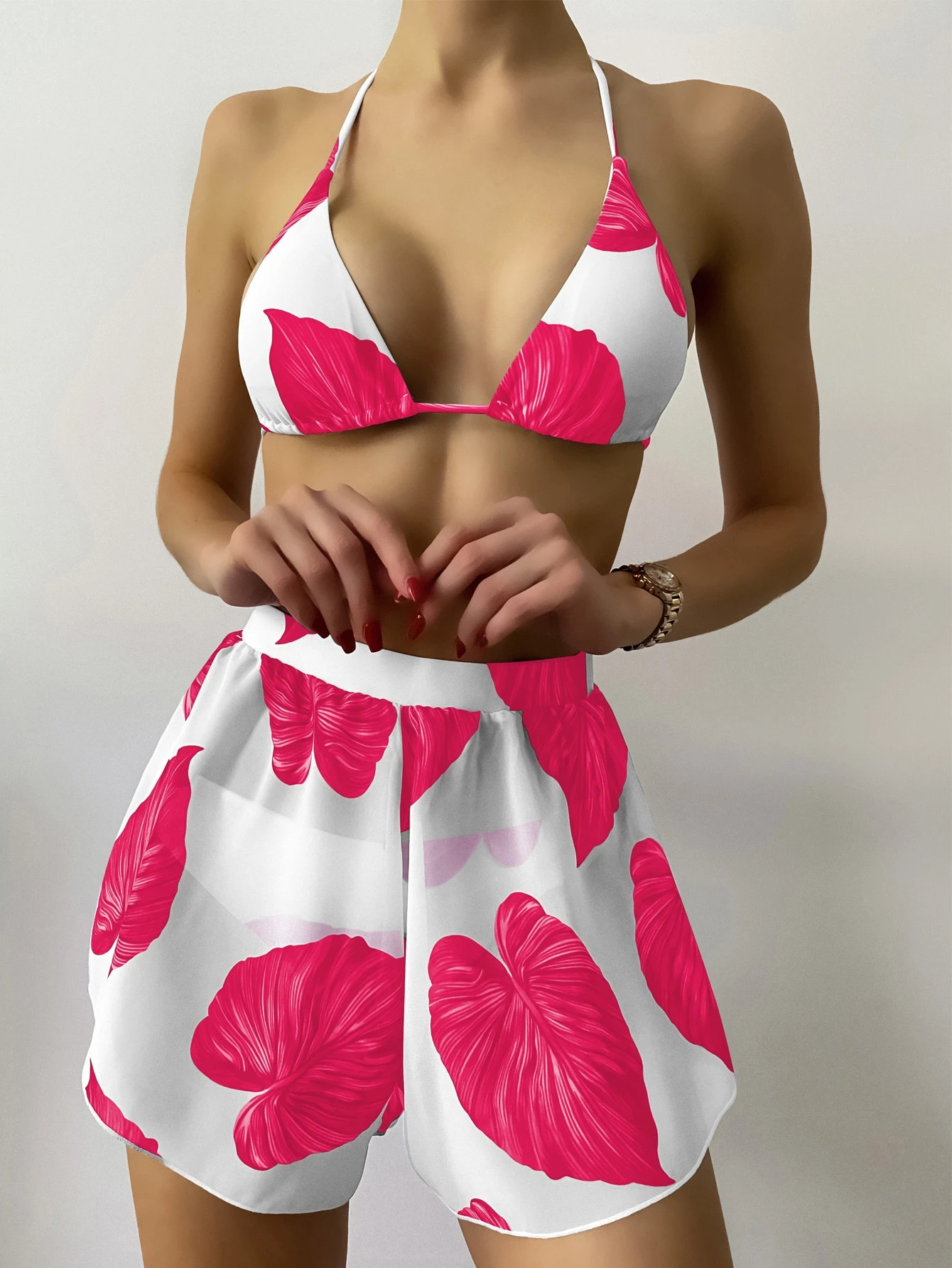 3pack Leaf Print Triangle Bikini Swimsuit & Shorts | SHEIN