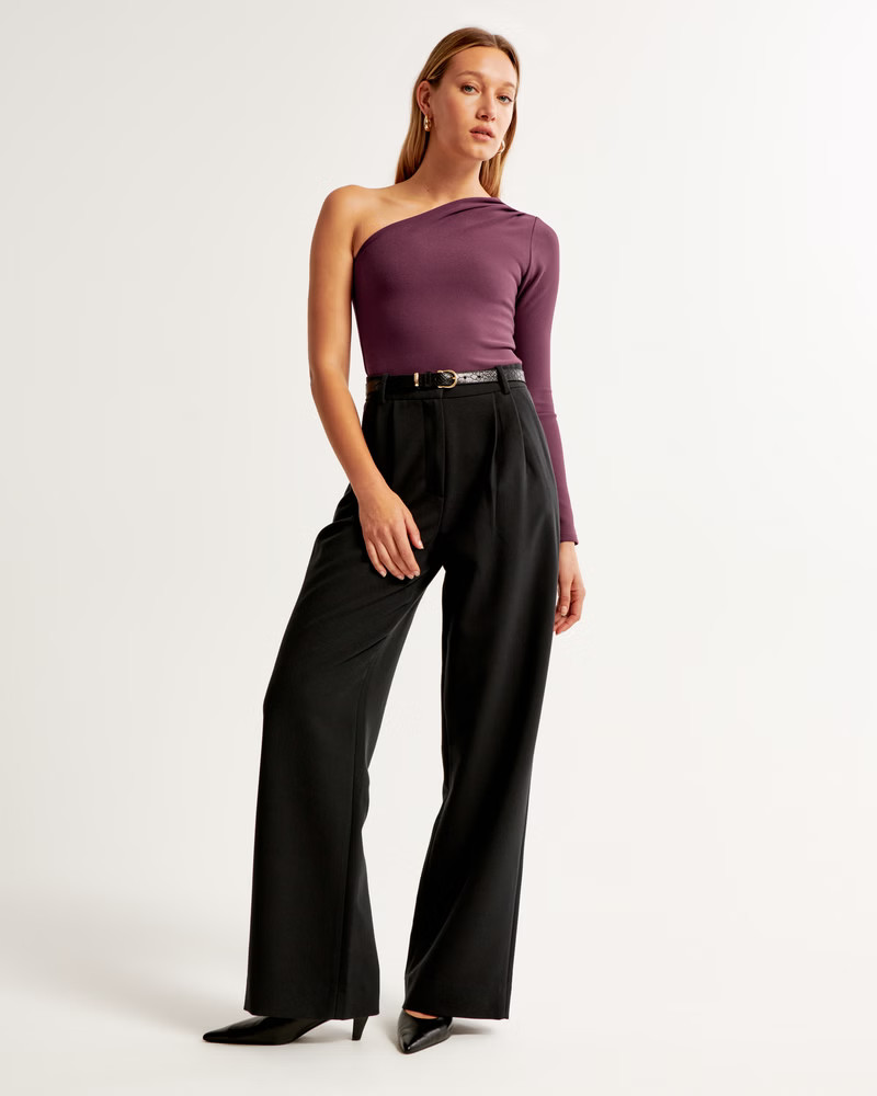 Long-Sleeve Crepe Asymmetrical One-Shoulder Bodysuit | Abercrombie & Fitch (US)