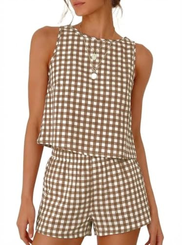 IDEALSANXUN Womens Two Piece Sets Summer Beach Spring Gingham Tank Tops and Plaid Shorts Pajama S... | Amazon (US)