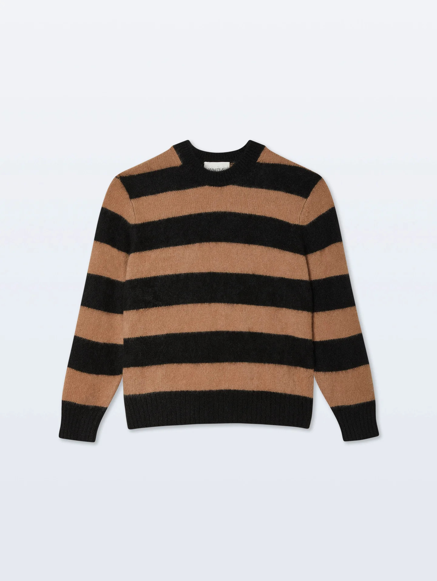 Brushed Cashmere Striped Crewneck | Black/Caramel | White and Warren