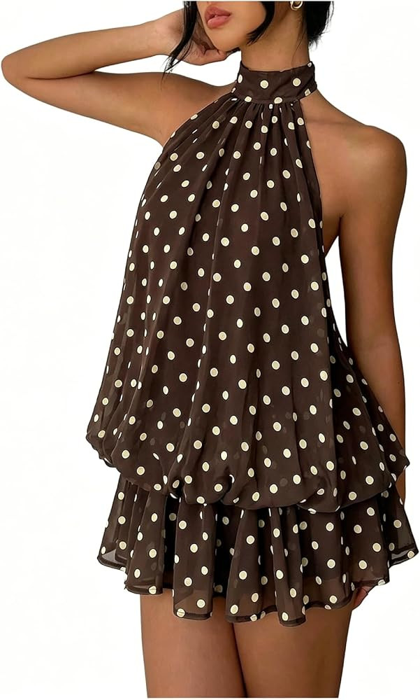 SHENHE Women's Halter Polka Dots Backless Ruffle Hem Mini Party Dress | Amazon (US)