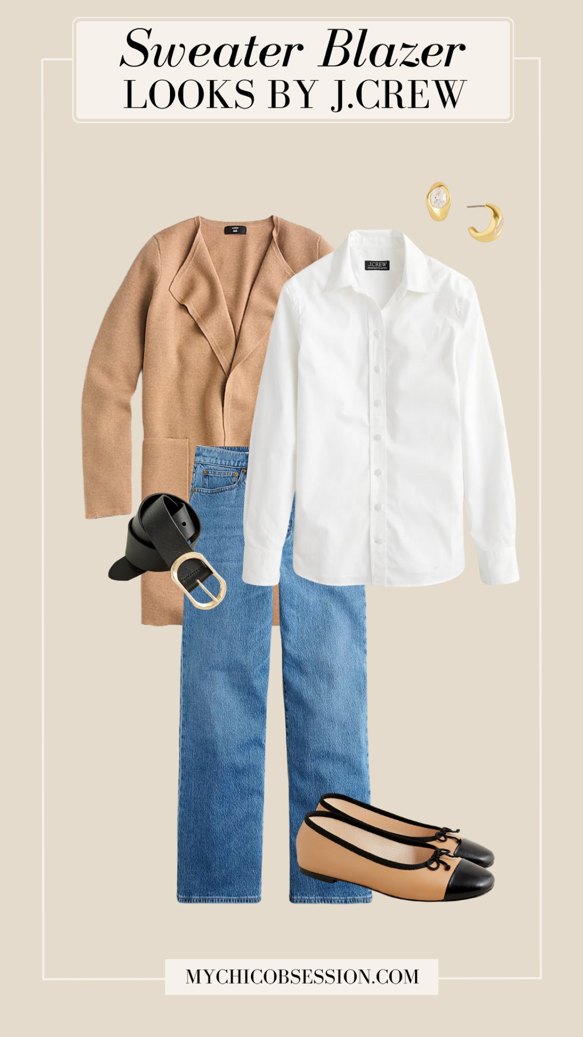 Create a chic look for casual Friday with your favorite white button down, jeans, and the J.Crew sweater blazer. Add a belt, crystal and gold hoops, and cap-toed flats to complete the look.

#LTKStyleTip #LTKSeasonal #LTKShoeCrush