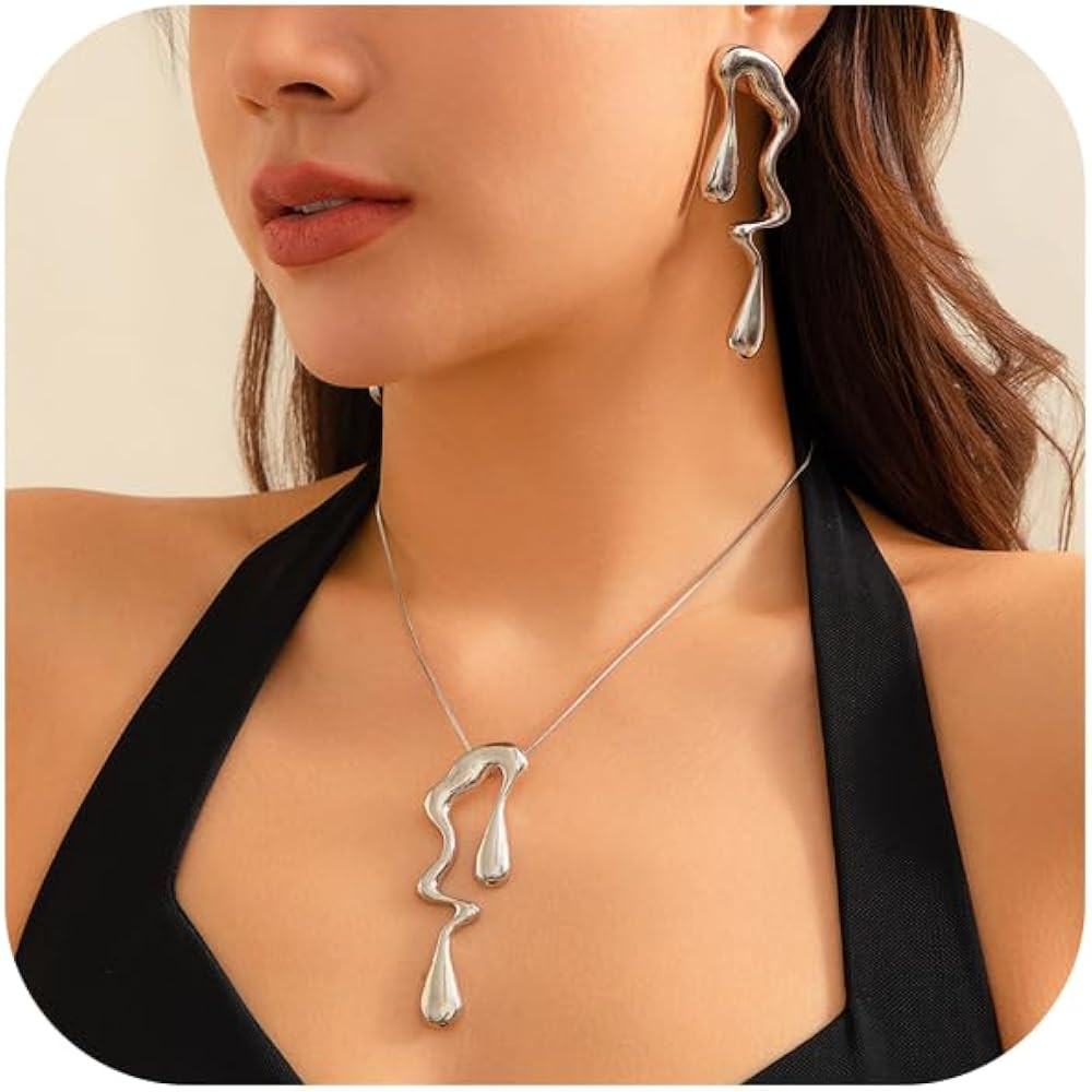 Irregular Waterdrop Earrings Necklace Set Liquid Teardrop Necklaces Irregular Gold Statement Long... | Amazon (US)