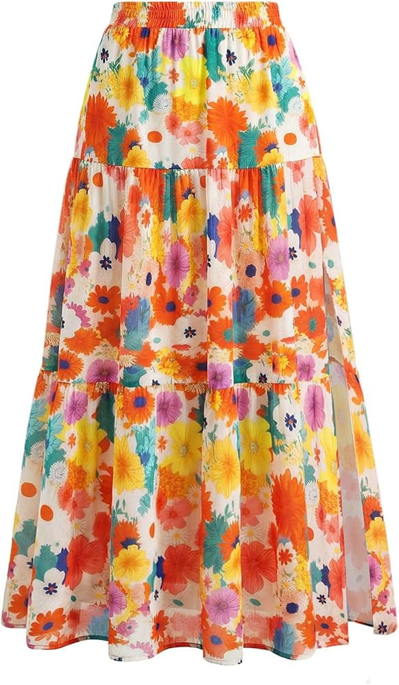 Kate Kasin Women's Boho Maxi Skirt, Floral Printed Flowy Long Skirts, Summer Beach Vacation Outfi... | Amazon (US)