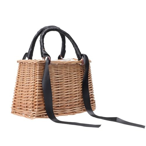 ABOOFAN Wicker Handbag Woven Rattan Storage Basket Top Handles Wedding Flower Girl Boho Style Beach Bag Straw Tote Retro Summer Clutch Beach Basket Purse Black | Amazon (US)