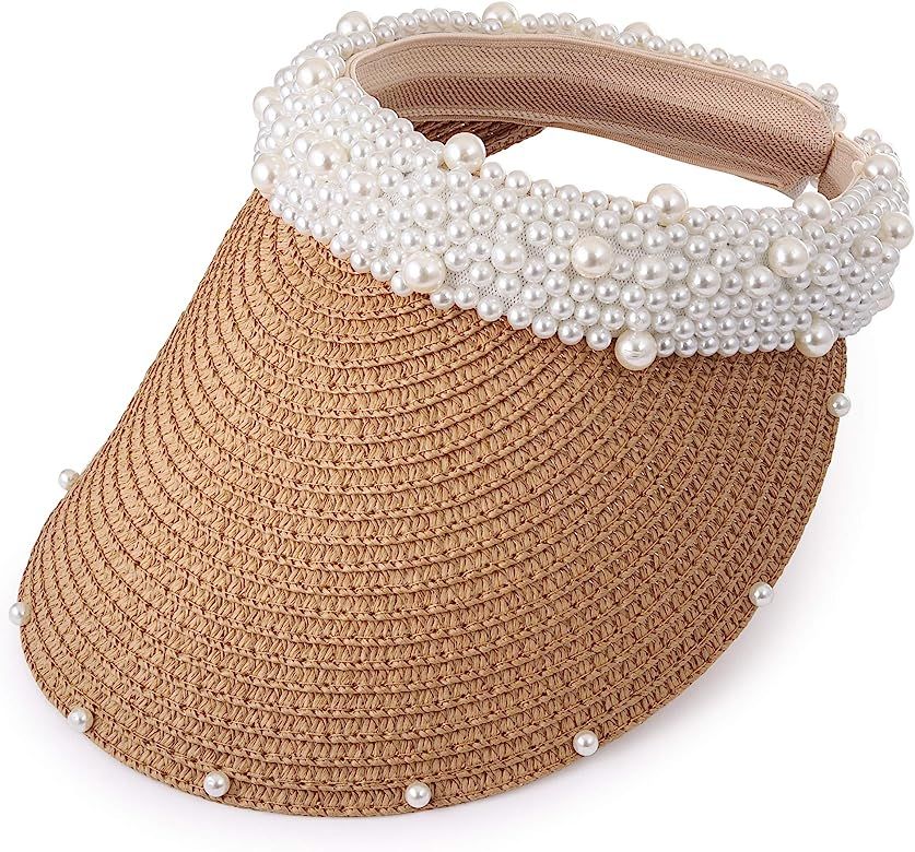 Somewhere Haute Womens Wide Brim Straw Visor with Pearl Headband for Beach Outdoor Sun Hats | Amazon (US)