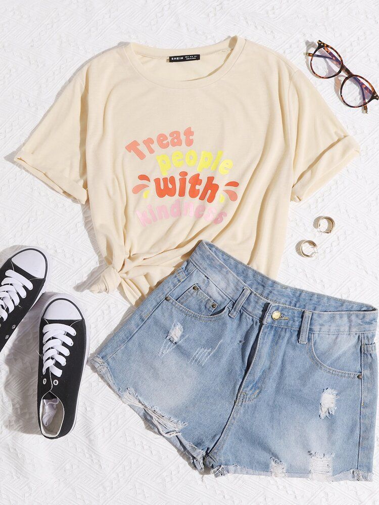 Rolled Sleeve Letter Graphic Tee | SHEIN
