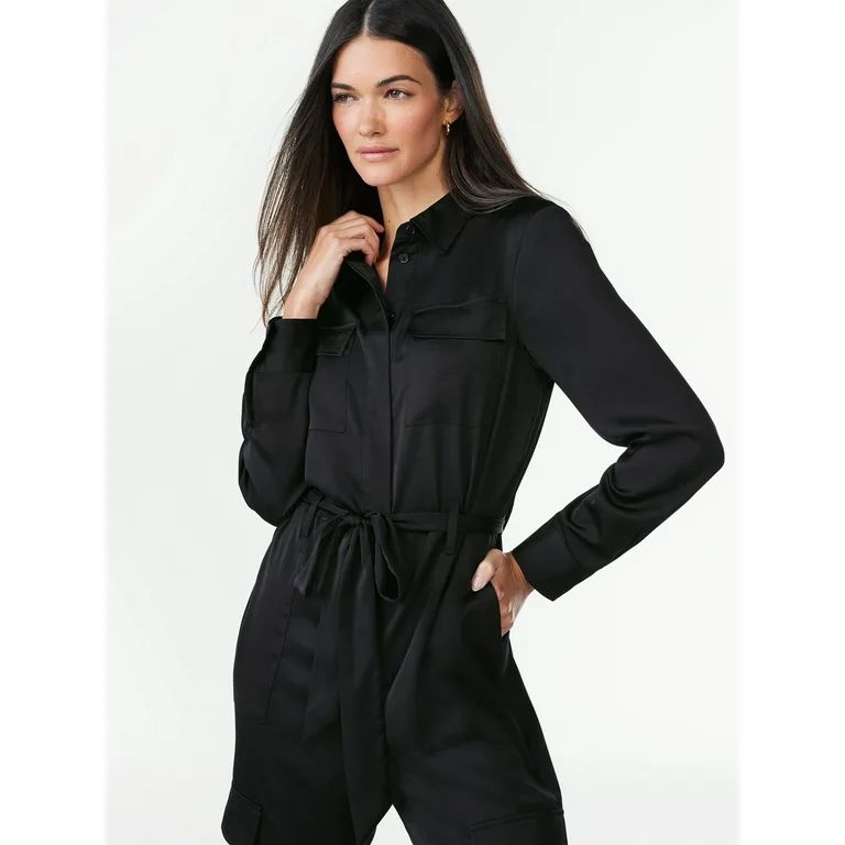 Scoop Women's Satin Jumpsuit with Wide Leg, Sizes XS-2XL | Walmart (US)