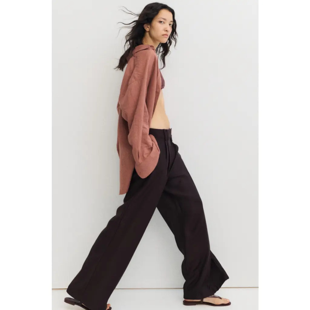 H&M Wide-Leg Dress Pants in Dark Brown at Nordstrom, Size 14 | Nordstrom