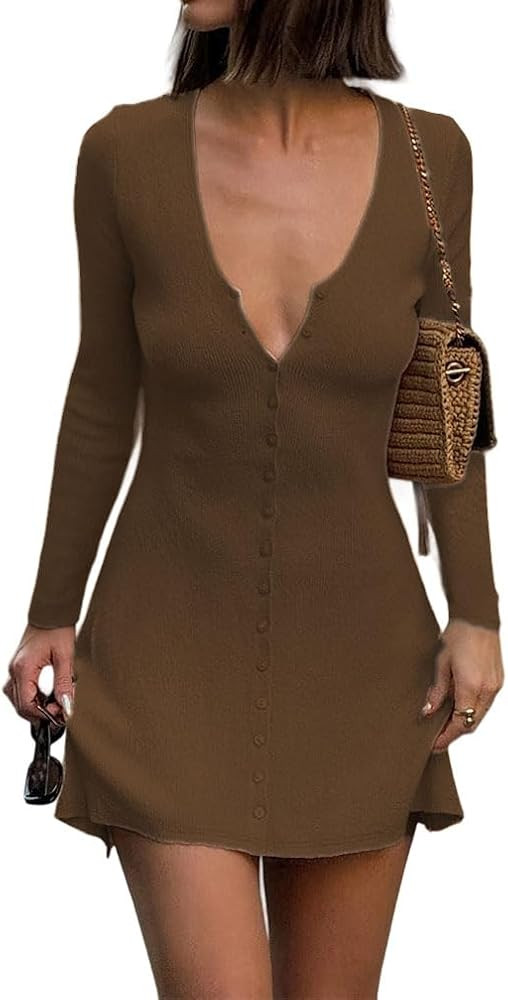 Women Sexy Deep V Neck Button Front Knit Mini Dress Elegant Long Sleeve Ribbed Flowy Hem A-Line S... | Amazon (US)
