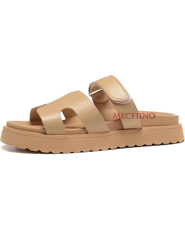Mecfiino Leather Sandals for Womens w/Strap Non Slip Platform Sandals w/Memory Foam Comfortable S... | Amazon (US)