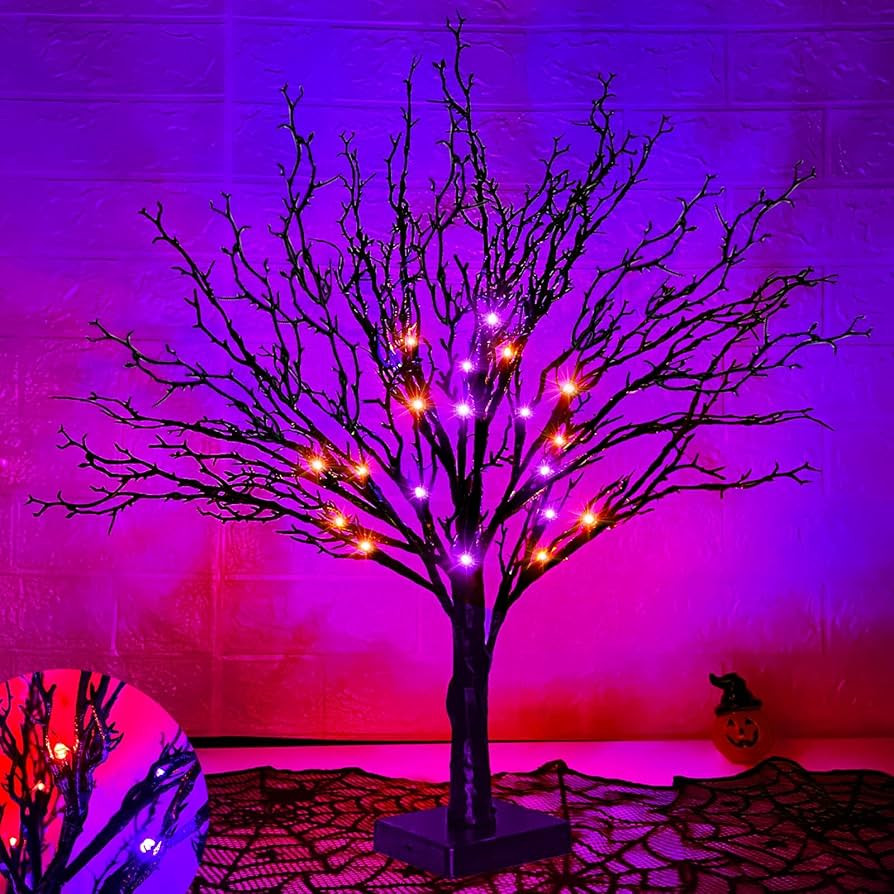 24 Inch Orange & Purple Lighted Halloween Tree Decor with Timer 24 LED Black Twigs Tree Lights Ba... | Amazon (US)