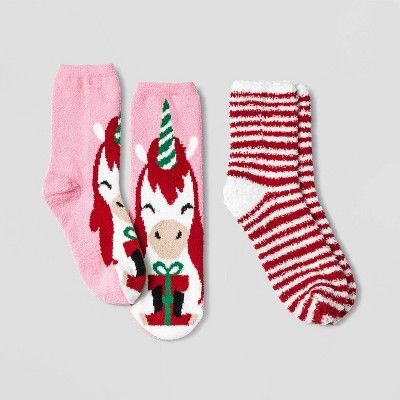 Kids' Holiday Unicorn 2pk Cozy Crew Socks with Gift Card Holder - Wondershop™ Pink | Target