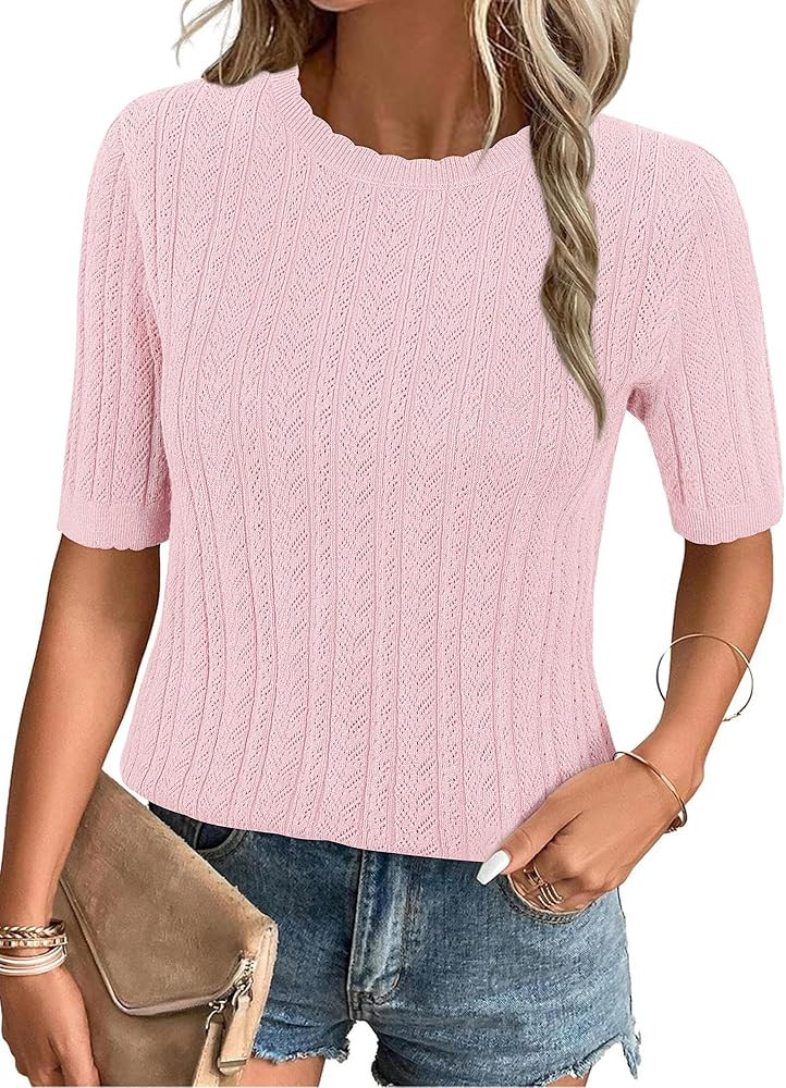 Arach&Cloz Women's Summer Scalloped Short Sleeve Tops Textured Shirts | Amazon (US)