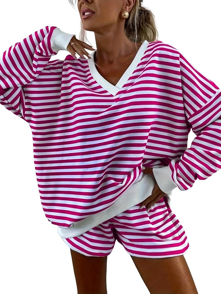 MARZXIN Womens Sport Two Piece Set 2 Pieces Set Fashion V Neck Stripes Long Sleeves Loose Comfort... | Amazon (US)