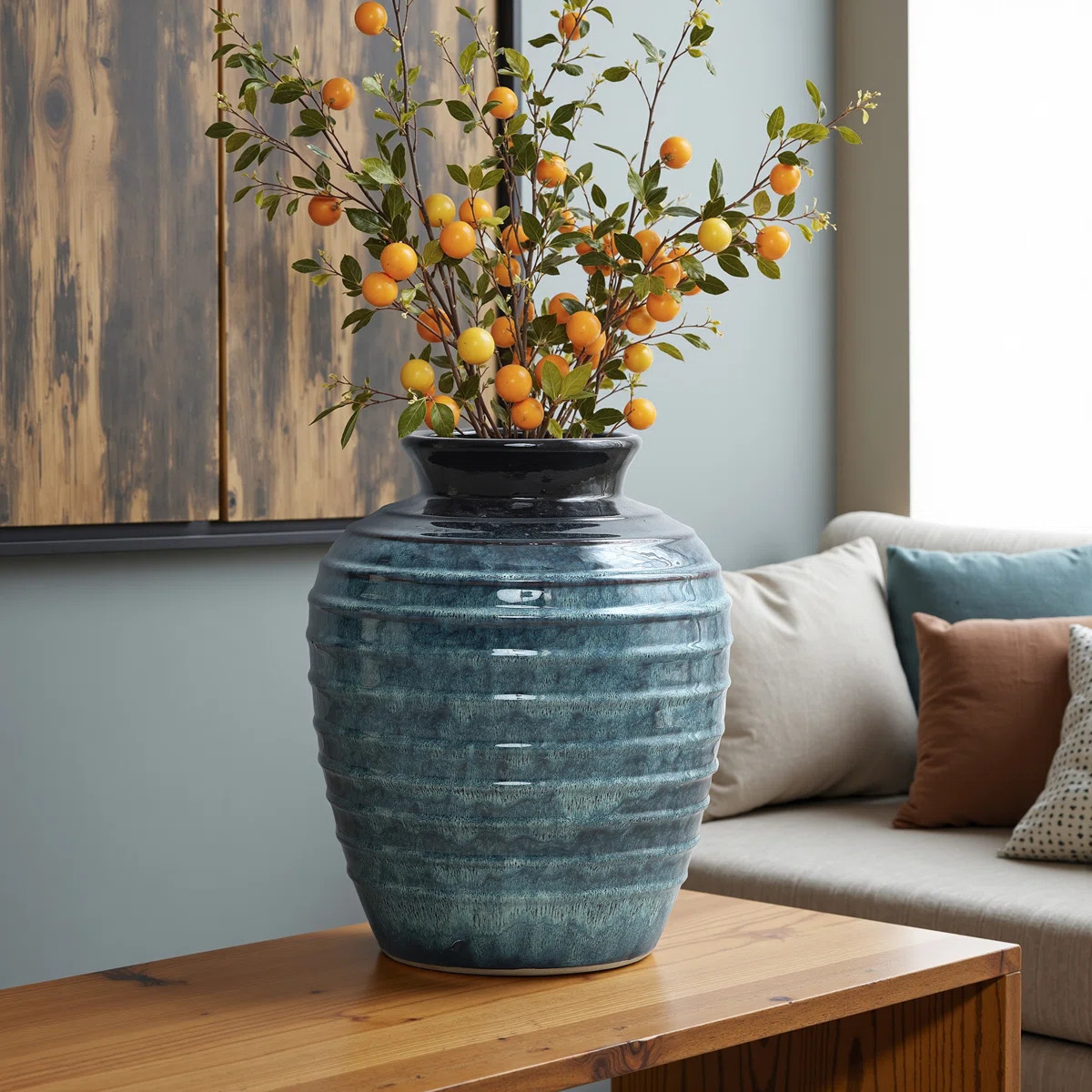 Rippled Blue with Brown 15.75-Inch Tall Round Ceramic Vase | Wayfair North America