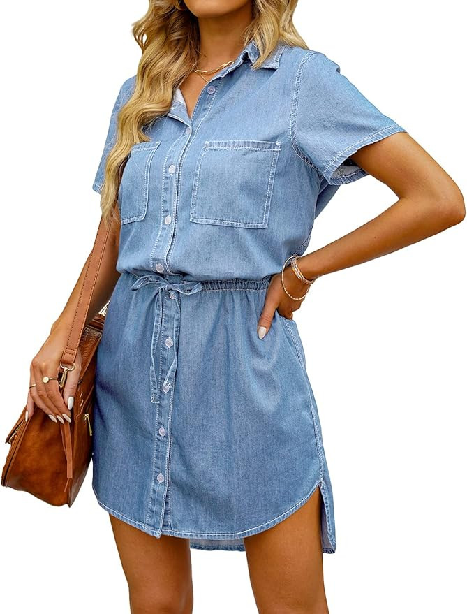 luvamia Women Casual Denim Dress Short Sleeve Tie Waist Classic Jean Shirt Dress | Amazon (US)