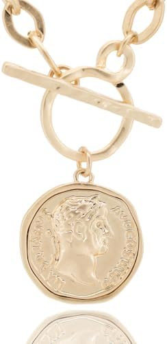 Women's Chunky Coin Necklace, 18K Gold Plated, 18-Inch Toggle Chain | Double-Sided Antique Coin P... | Amazon (US)