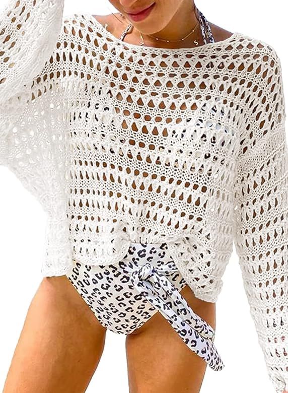 Herseas Women's Summer Crochet Hollow Out Long Sleeve Crewneck Beach Bikini Swimsuit Mesh Cover Up T | Amazon (US)