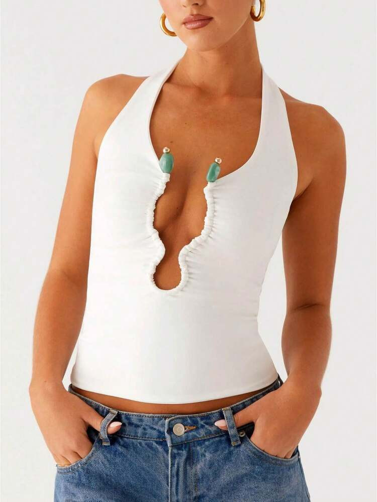 2026 Women's Backless Halter Tops Jade Front Tank Shirt Sleeveless Summer Going Out Tops Party Club Casual Beach Outfits Cami Tops | SHEIN