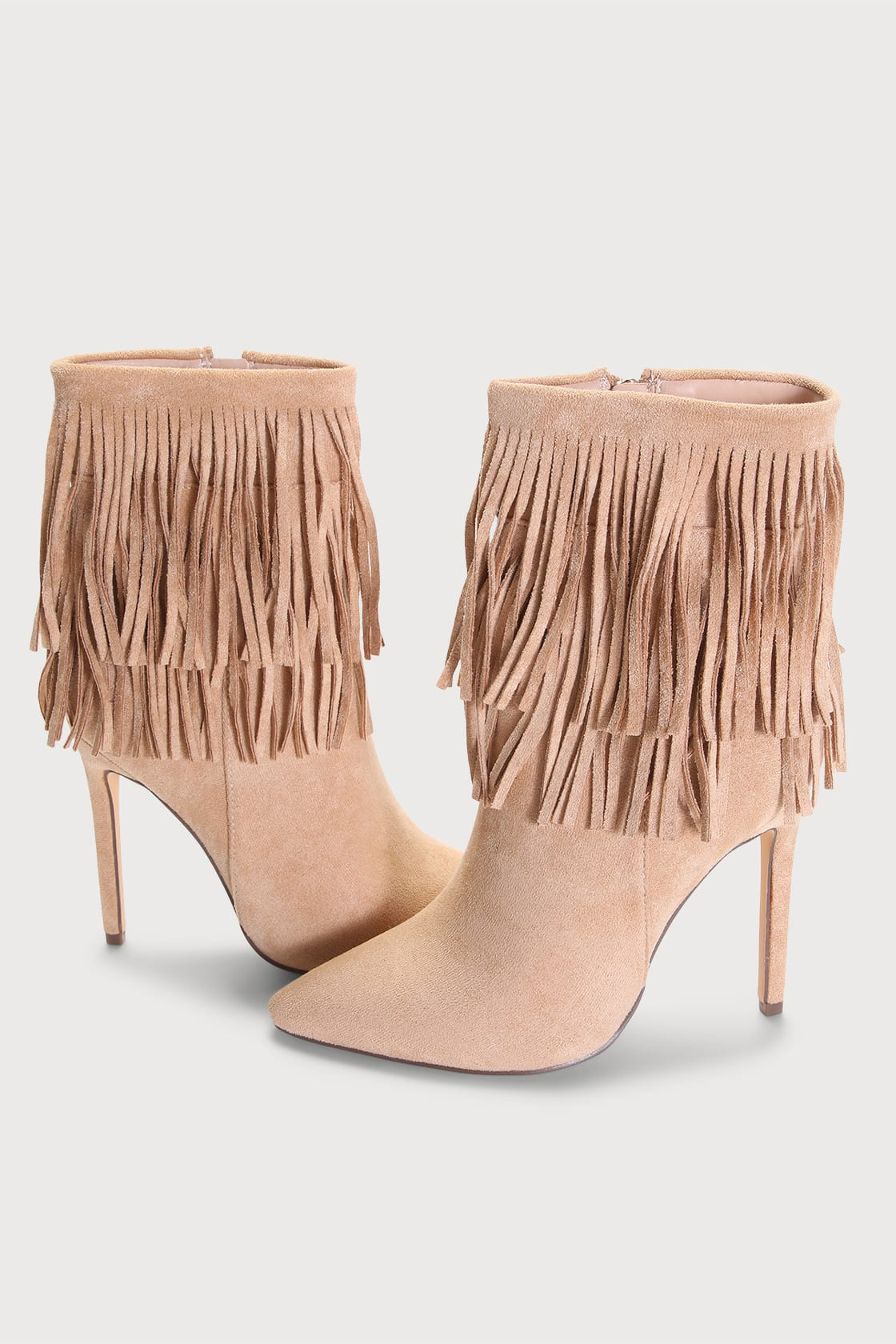Seleste Light Nude Suede Fringe Pointed-Toe Mid-Calf Boots | Lulus (US)