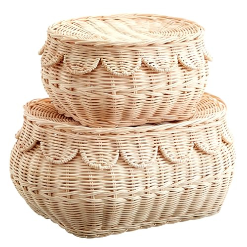 Small scalloped basket Set, Hand woven rattan basket with lid, scallop tray, Storage wicker baskets for gifts, diaper organizer basket, 14.5x10x6 in(Natural) | Amazon (US)