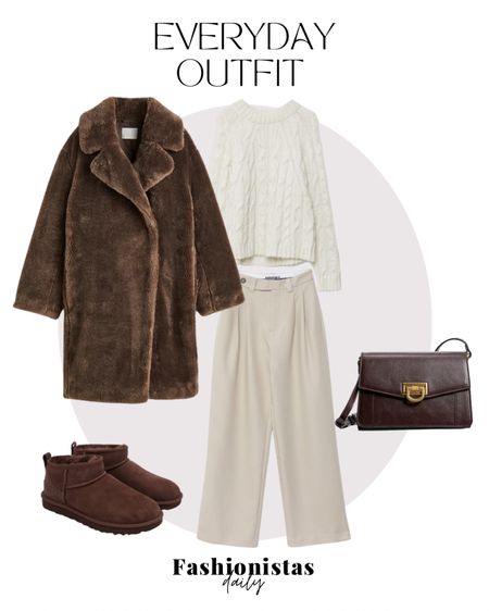 Chocolate Brown 🤎 fluffy teddy coat, cable knit sweater, straight pants, small back and ultra mini uggs

#LTKSeasonal #LTKeurope #LTKstyletip
