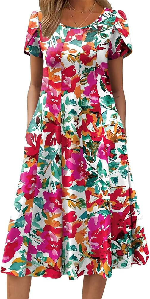ZEAGOO Womens Casual Dresses for Summer Short Sleeve Flare Midi Dress Loose Flowy Beach Sundress | Amazon (US)