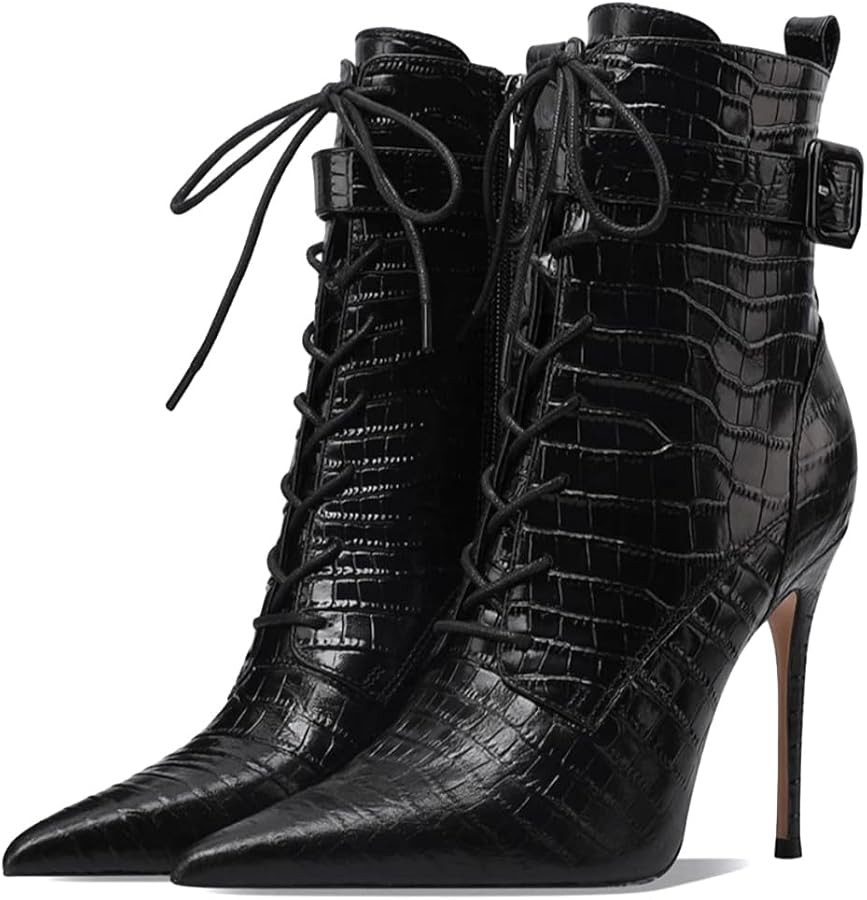 FYS Women's Fashion Pointed Toe Crocodile Ankle Boots Sexy Stiletto High Heel Lace Up Short Booti... | Amazon (US)
