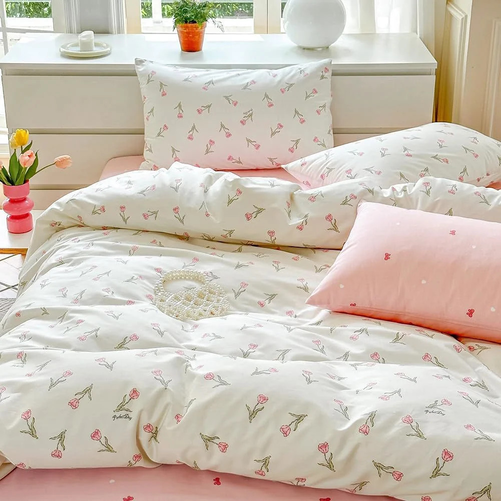 JOLUSERE 100% Organic Cotton Comforter King Sets, 3 Pieces Botanical White Pink Floral Tulip Flow... | Walmart (US)